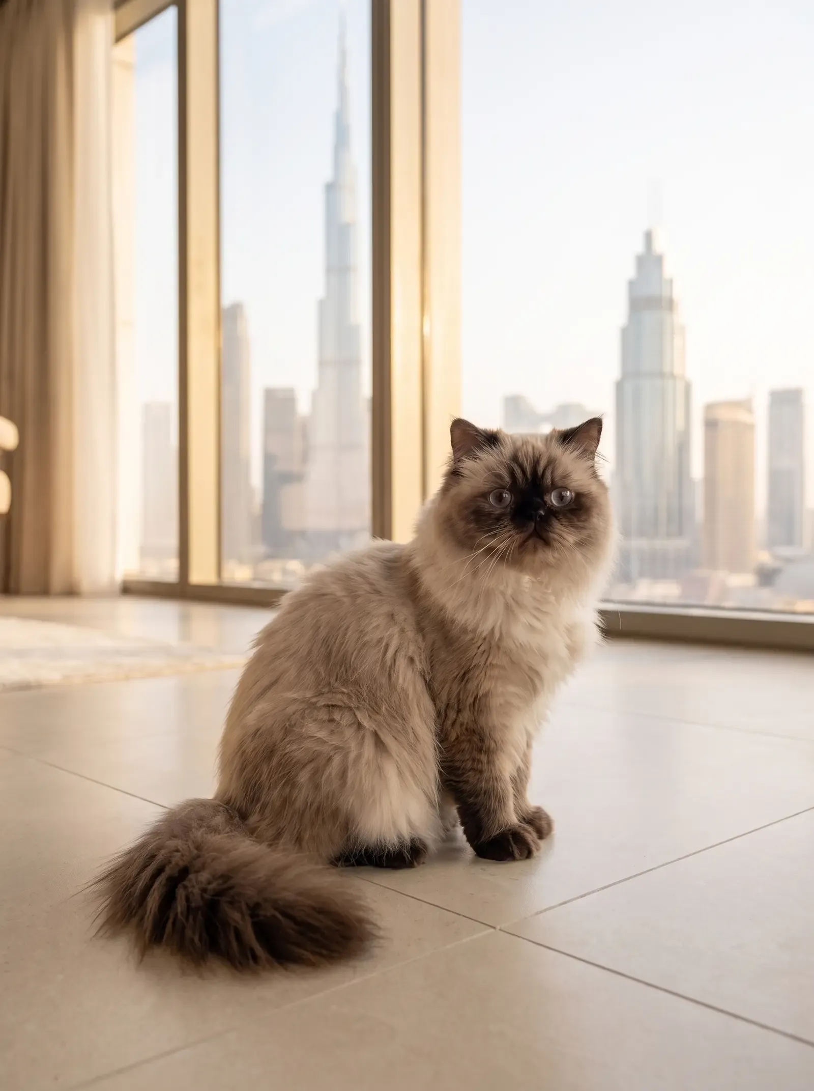 Himalayan in Dubai, the same cat sitting on cool floor tiles, the Burj Khalifa through the window
