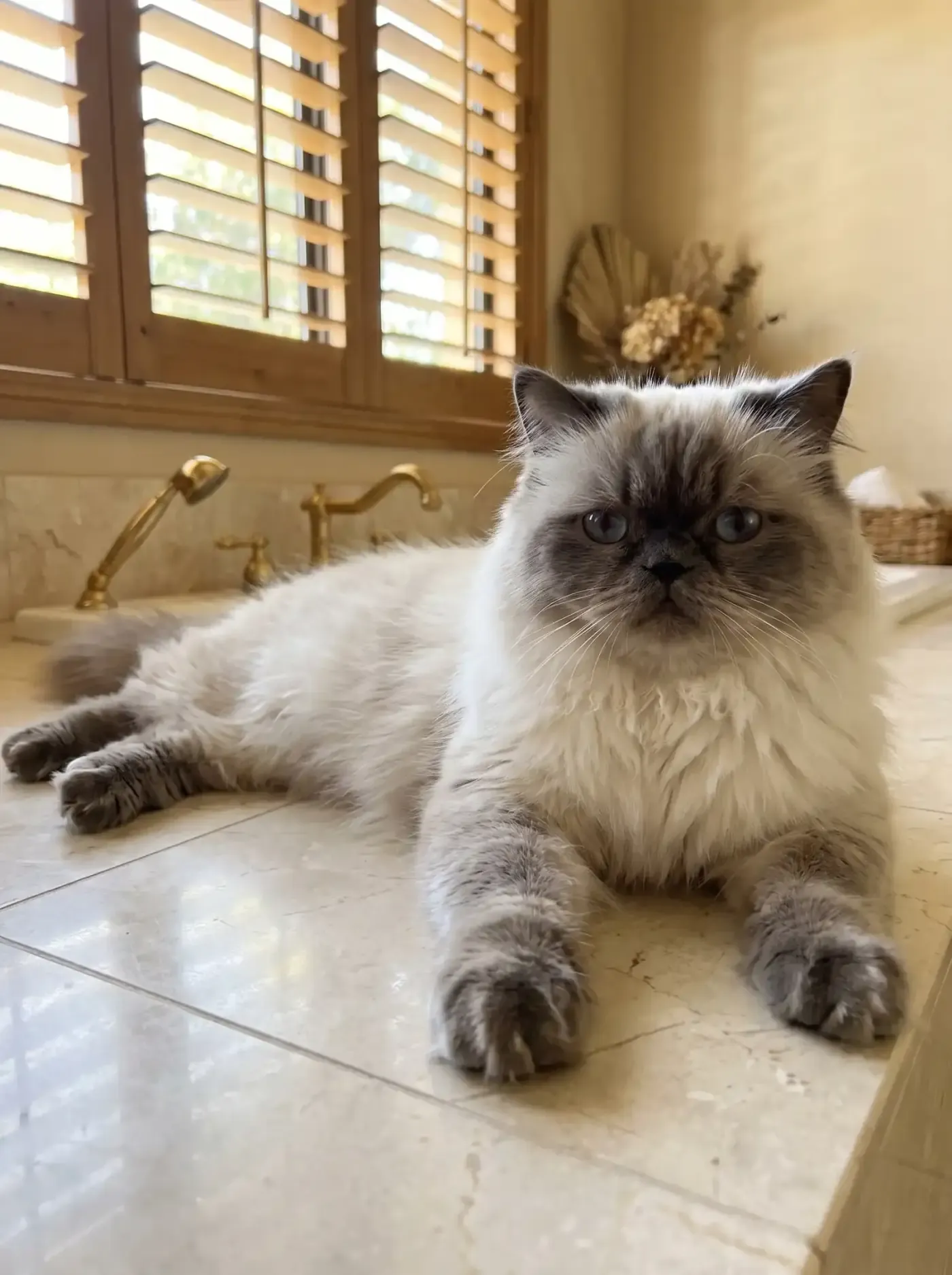 Himalayan, a blue point adult lying stretched out on cool marble in a bathroom, shutters behind