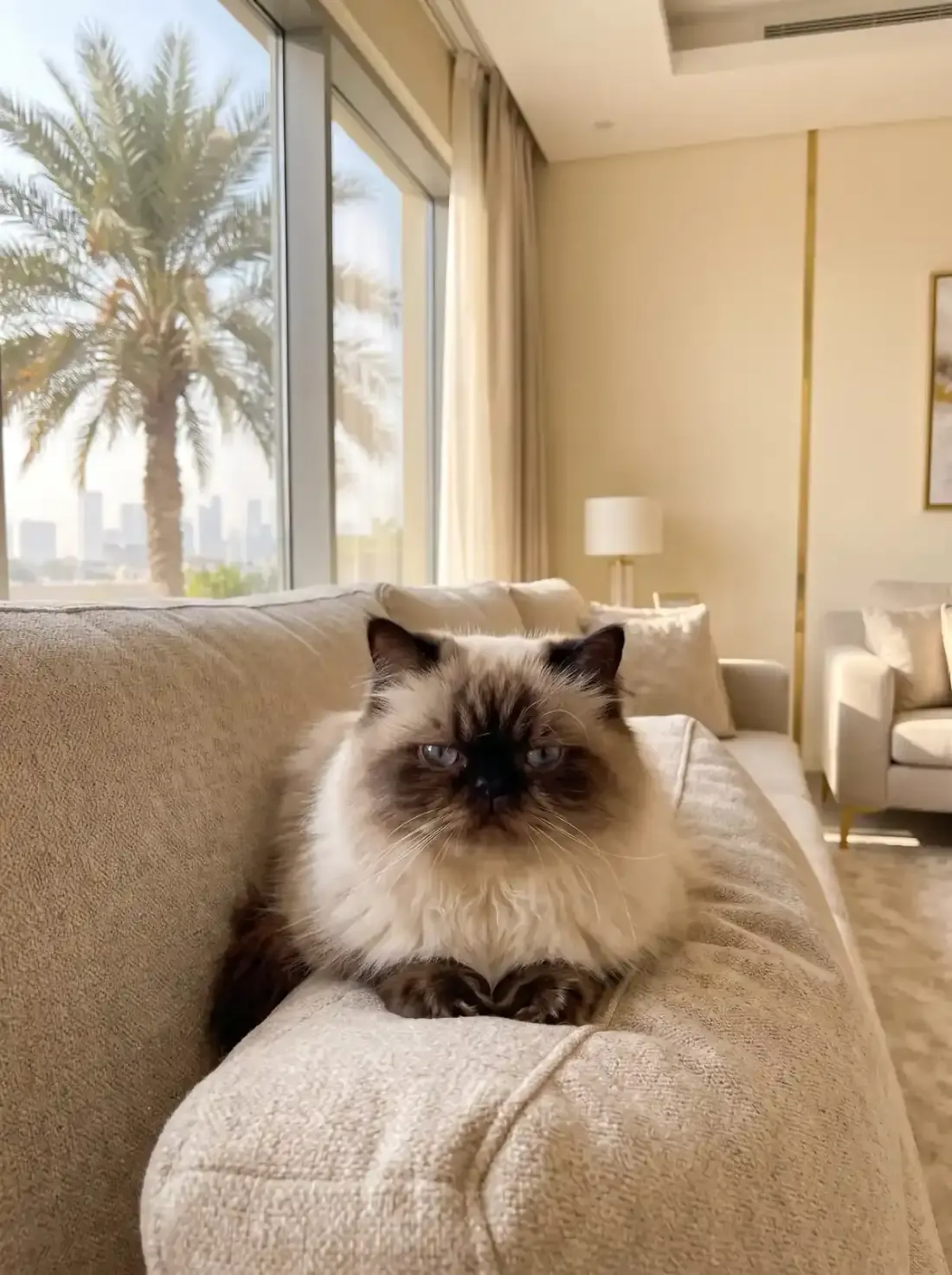 Himalayan in Dubai, a chocolate point adult watching from a sofa, palms and the skyline outside