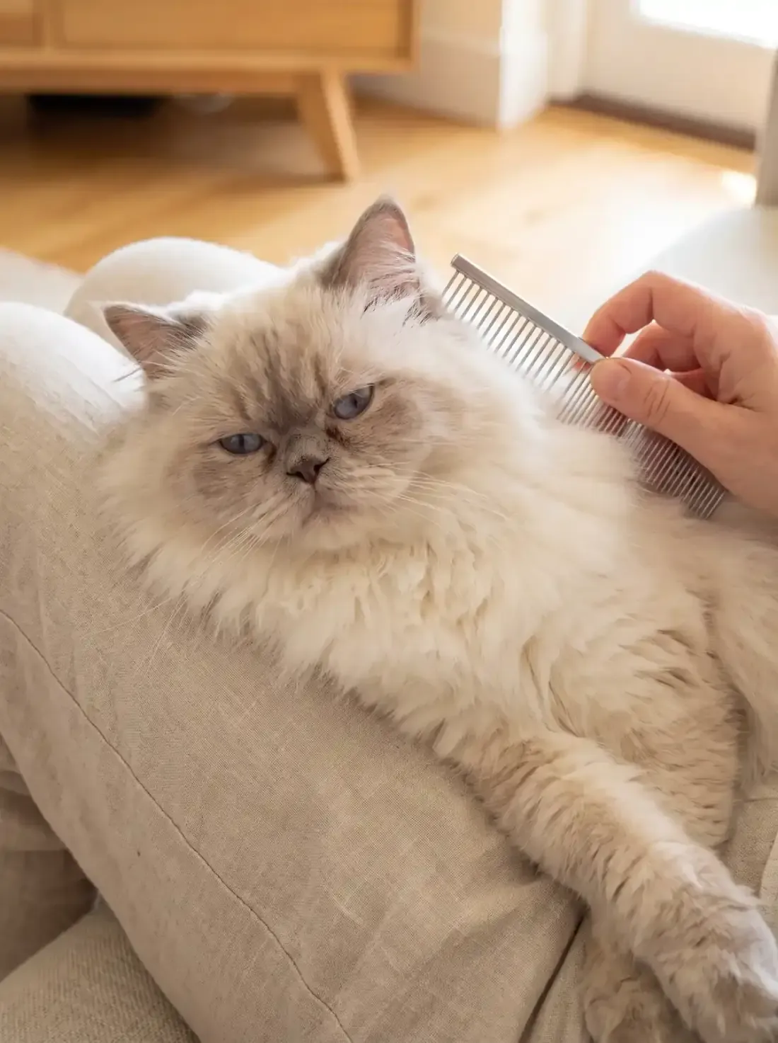Himalayan, a lilac point adult lying on a lap while a hand combs the long fur behind the ear