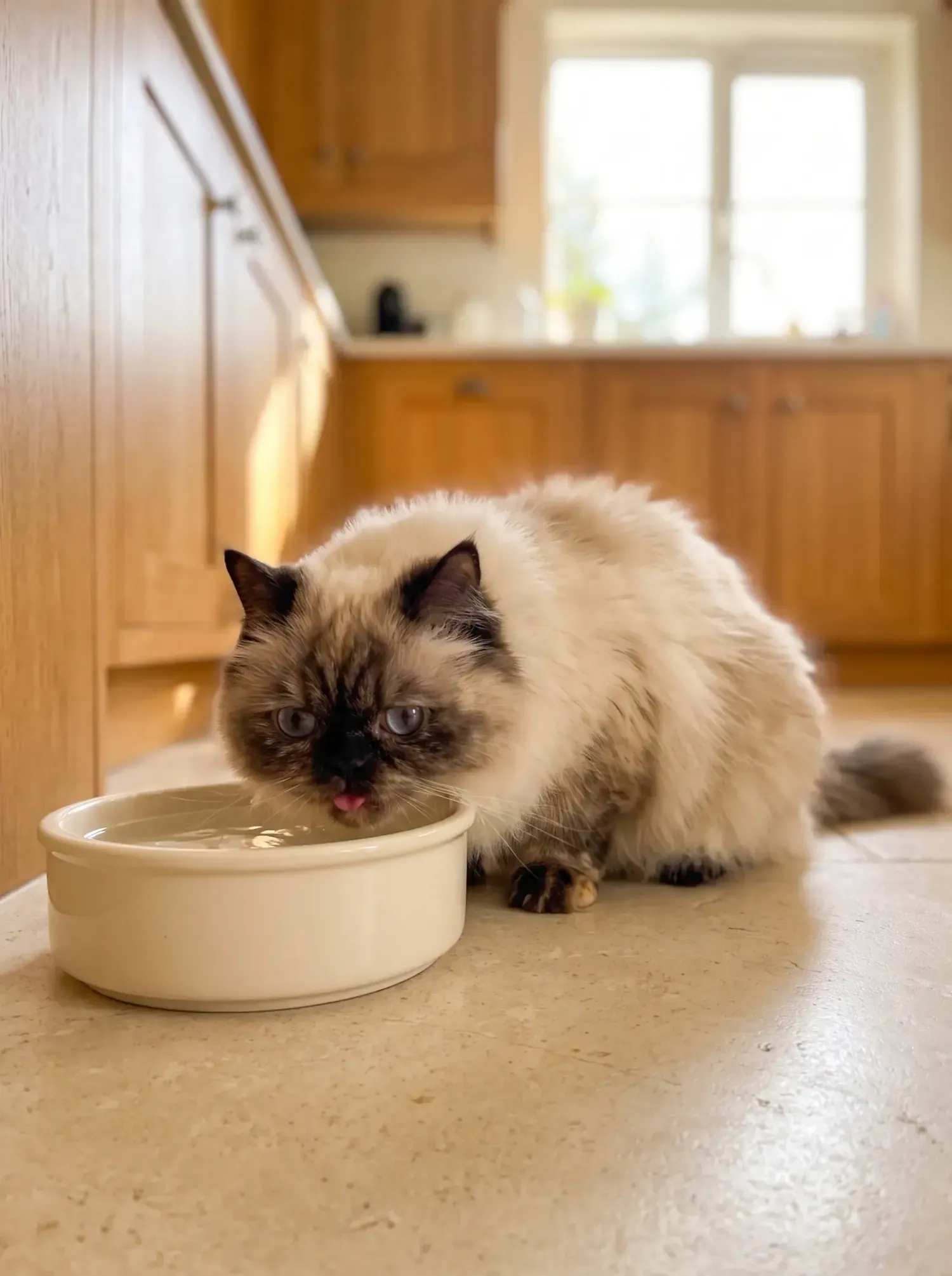 Himalayan, a tortie point adult drinking from a wide ceramic water bowl on a kitchen floor