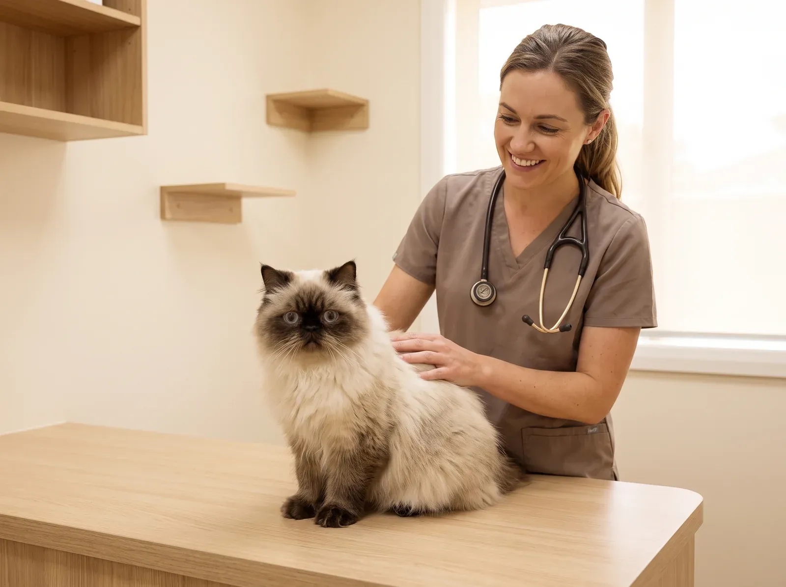 Himalayan, a seal point adult on a consultation table beside a smiling vet in taupe scrubs, a hand on the cat