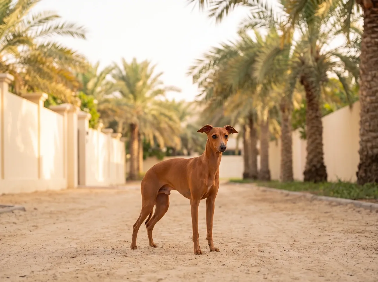 Italian Greyhound in Dubai, a red adult standing on a palm-lined sandy path between cream villa walls