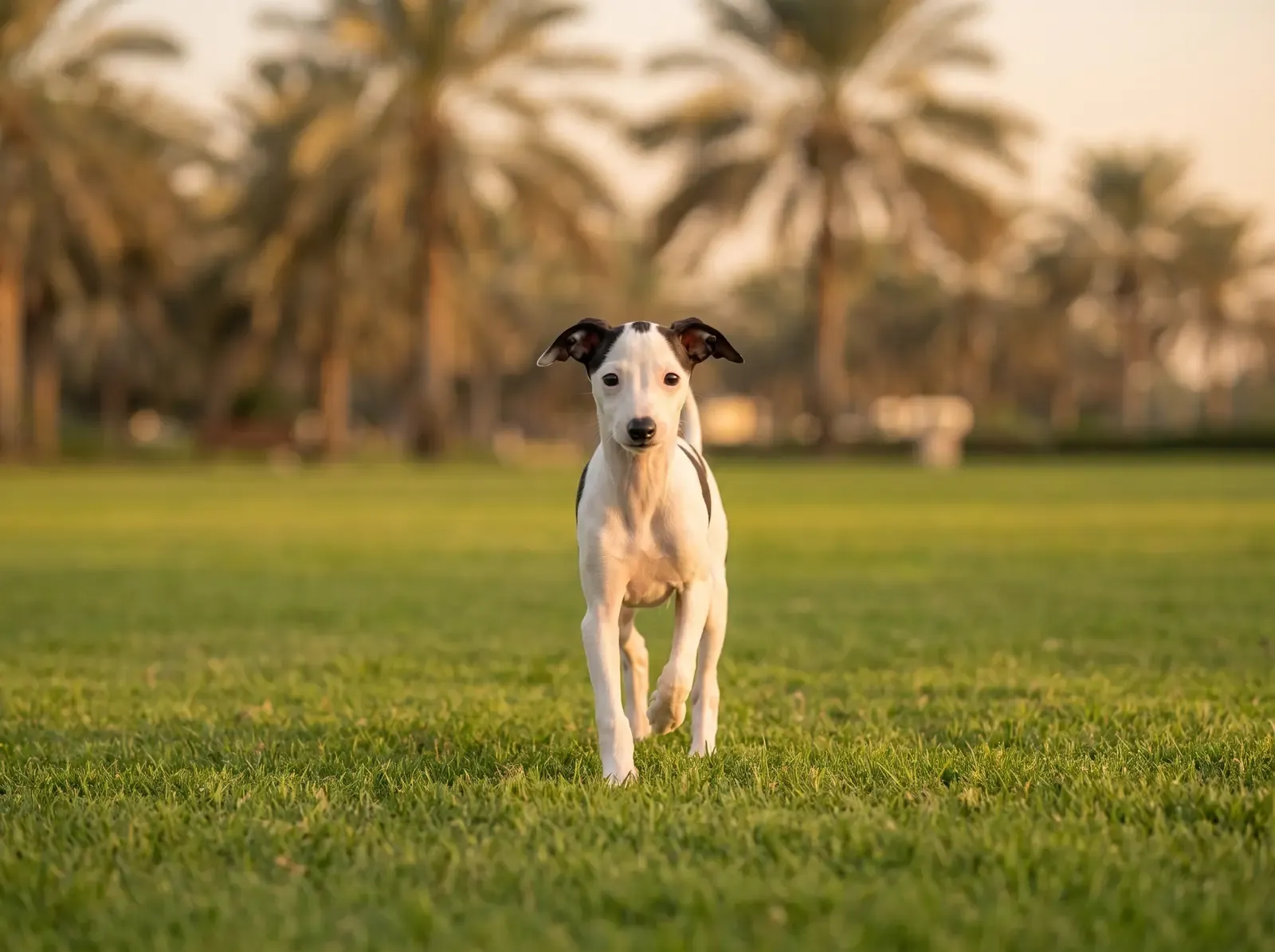 Italian Greyhound in Dubai, a black and white puppy trotting across a park lawn at dawn, date palms behind