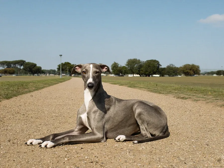 Italian Greyhound, a blue and white adult lying with head up on a sandy park path