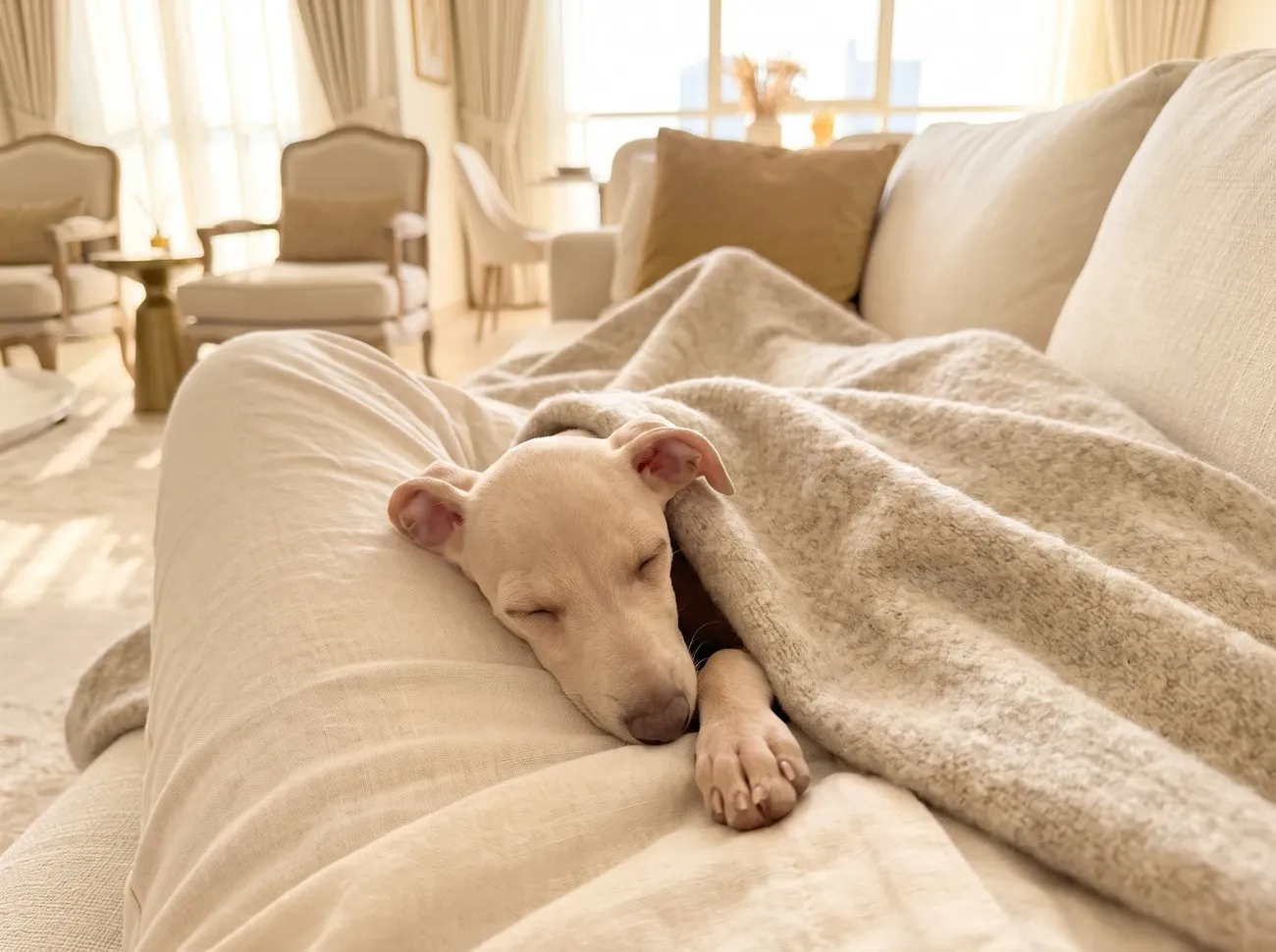 Italian Greyhound, a cream puppy asleep under an oatmeal blanket in a pet parent's lap