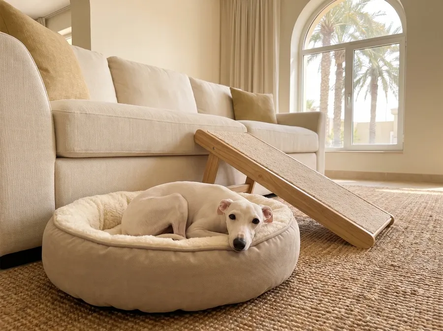 Italian Greyhound in Dubai, a white young dog in a round padded bed beside a sofa ramp, palms outside