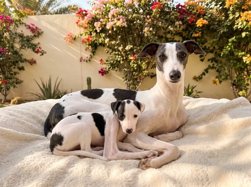 Italian Greyhound, a black and white mother and puppy on a blanket by a bougainvillea wall