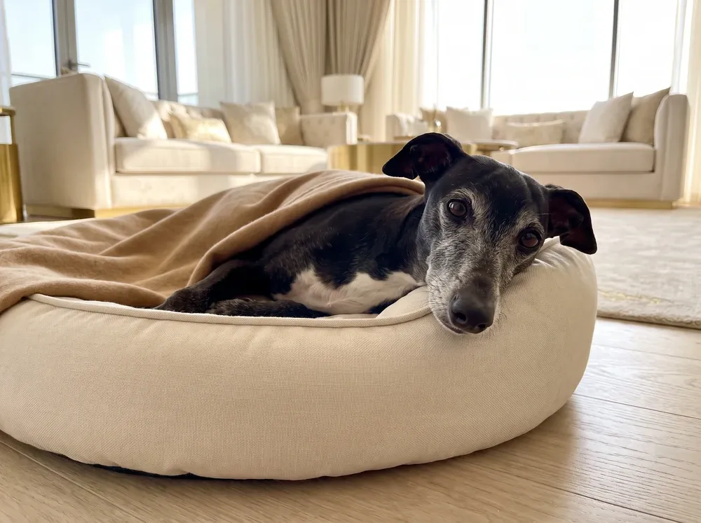 Italian Greyhound, an older black and white dog with a grey muzzle resting under a blanket on a round bed