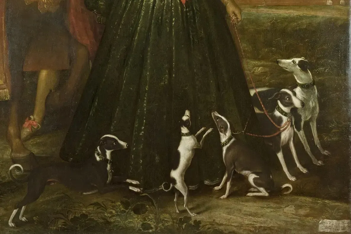 Italian Greyhound history, Anne of Denmark's small greyhounds on leads at the queen's feet, a court portrait, England, 1617