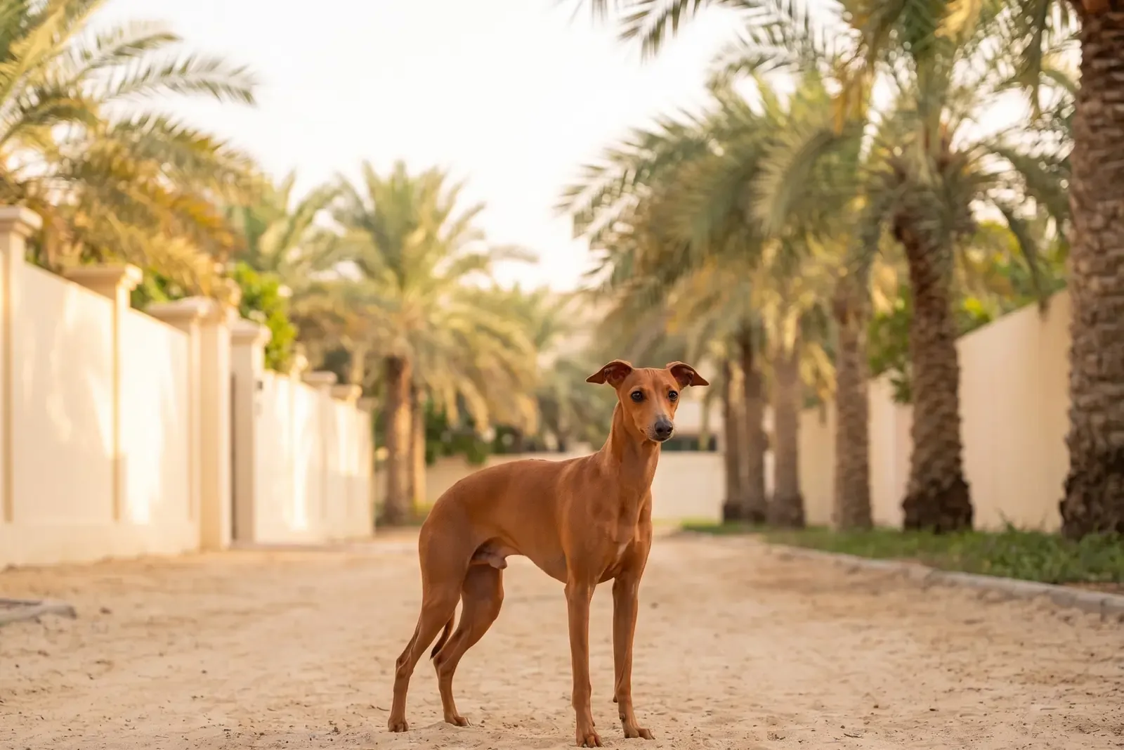 Italian Greyhound history, the breed today, a red adult on a palm-lined villa path, Dubai, 2026