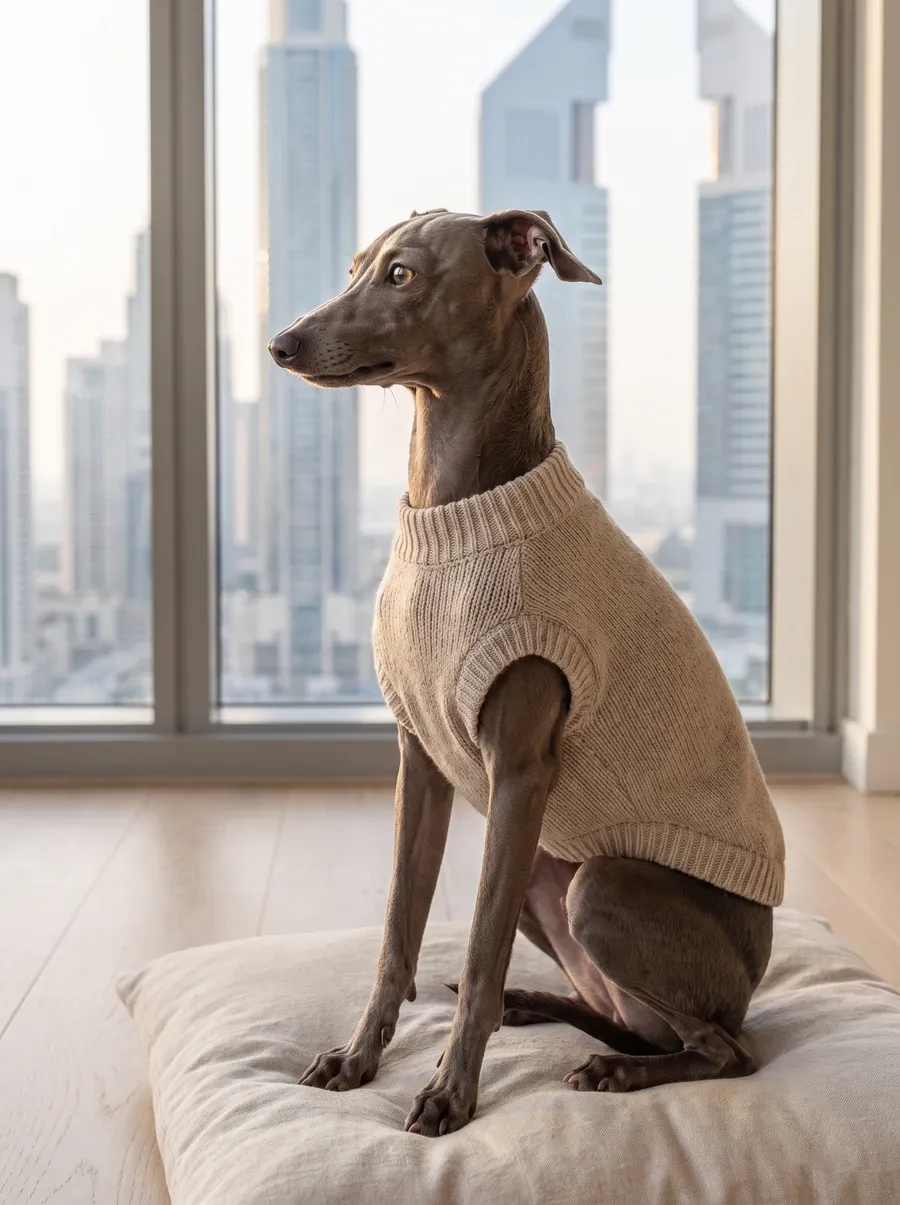 Italian Greyhound in Dubai, the same seal adult in a knitted jumper on a cream cushion, the skyline behind