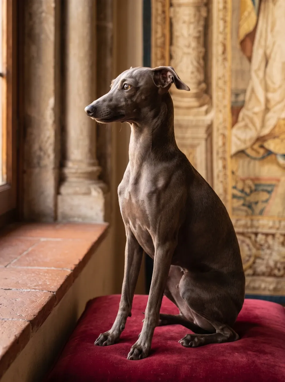 Italian Greyhound, a seal adult sitting in profile on a red velvet cushion in an old Italian palazzo