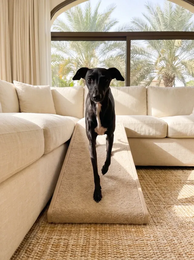 Italian Greyhound in Dubai, a black and white adult walking down a carpeted ramp from a sofa, palms outside