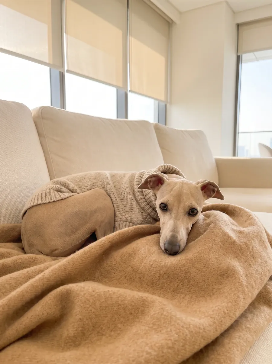 Italian Greyhound, a cream adult in a knitted jumper tucked under a camel blanket on a cream sofa