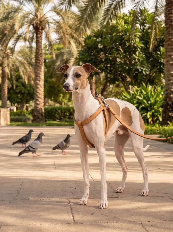 Italian Greyhound in Dubai, a white and fawn adult on a harness and lead, pigeons on the path behind, under date palms