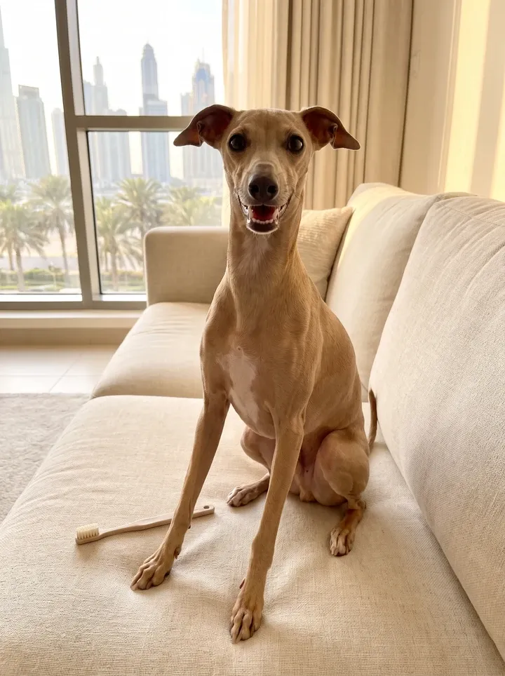 Italian Greyhound in Dubai, a fawn adult sitting on a cream sofa beside a dog toothbrush, the skyline behind