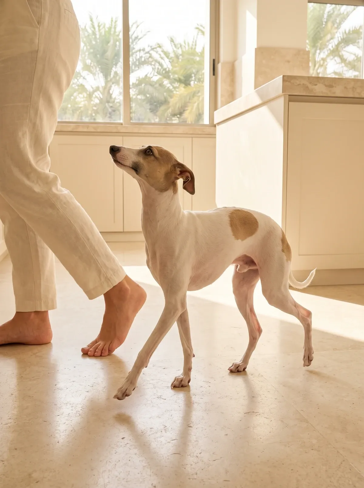 Italian Greyhound in Dubai, a white and fawn adult trotting behind a pet parent's bare feet, palms outside