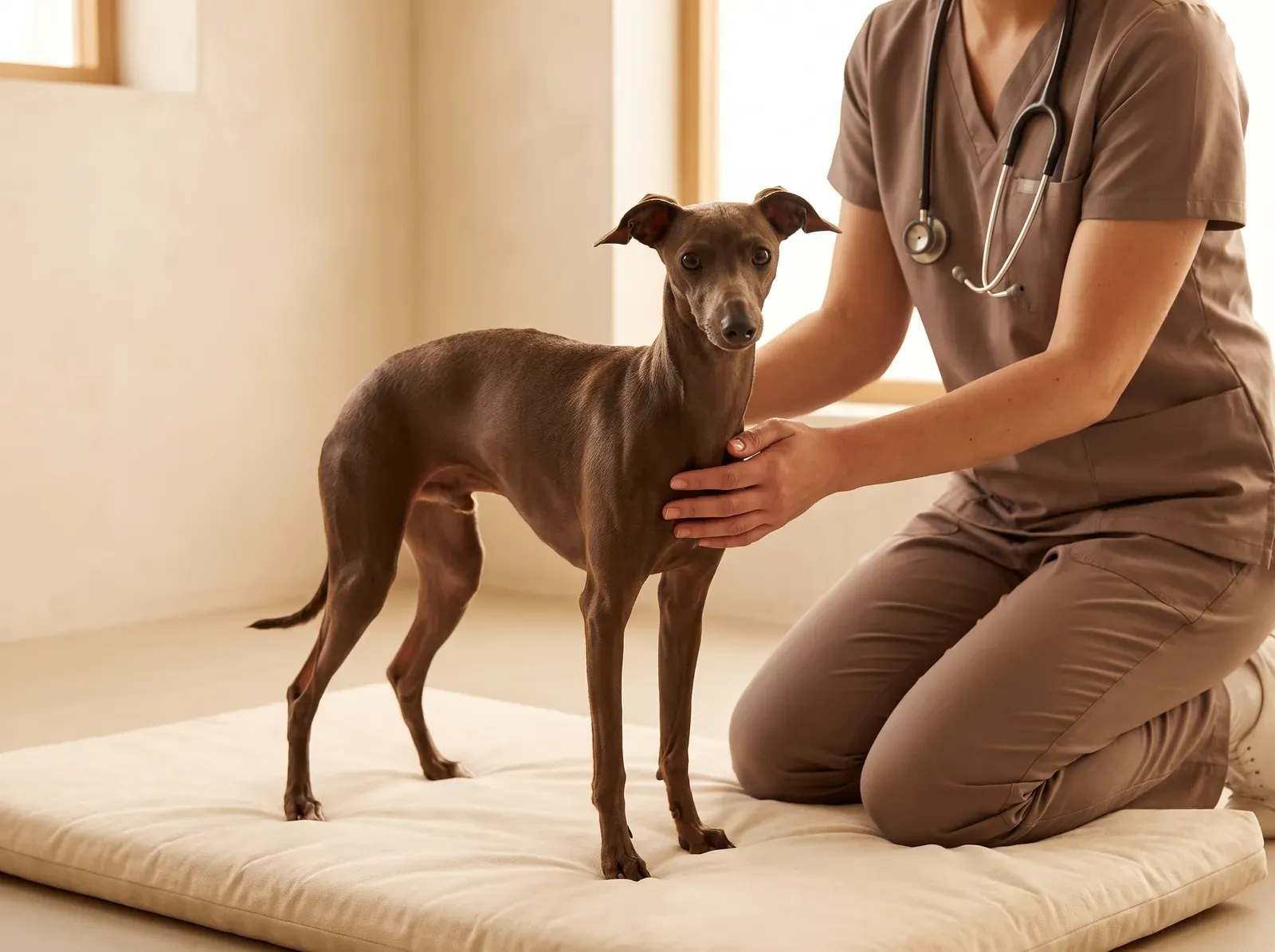Italian Greyhound, a chocolate adult on a padded mat as a vet in taupe scrubs rests a hand on their chest