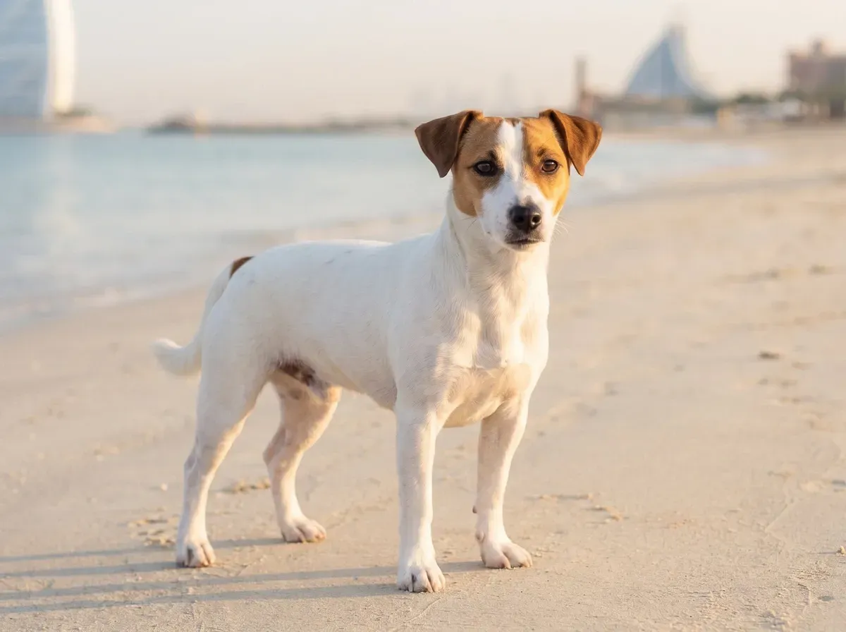 Jack Russell Terrier in Dubai, a longer-legged white and tan adult standing on a beach