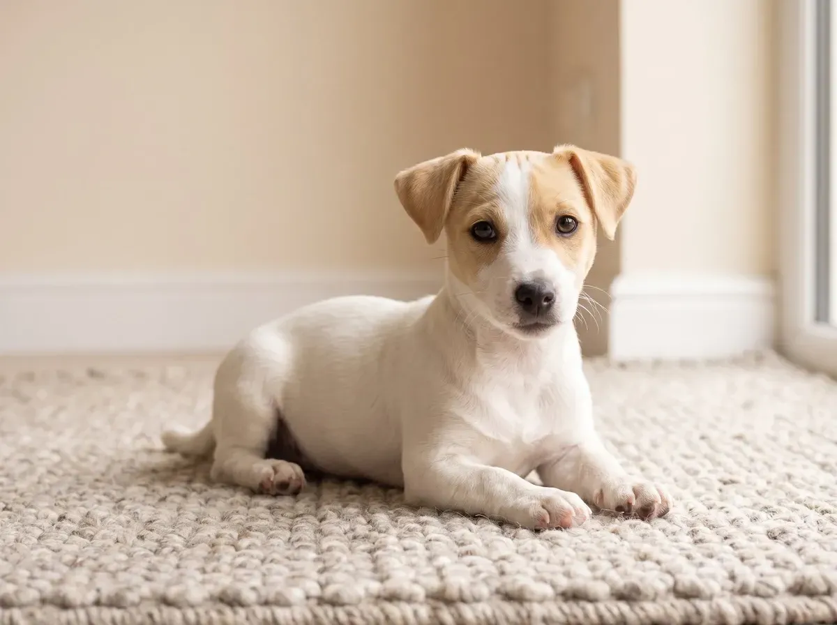Jack Russell Terrier, a white puppy with lemon ears lying on a stone-coloured rug