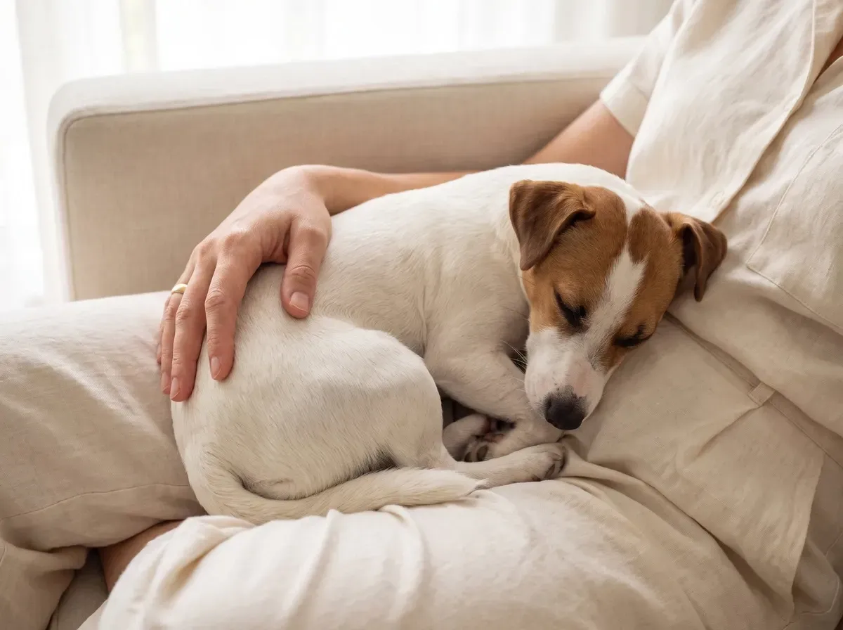 Jack Russell Terrier, a white and tan puppy asleep in a pet parent's lap on a linen sofa