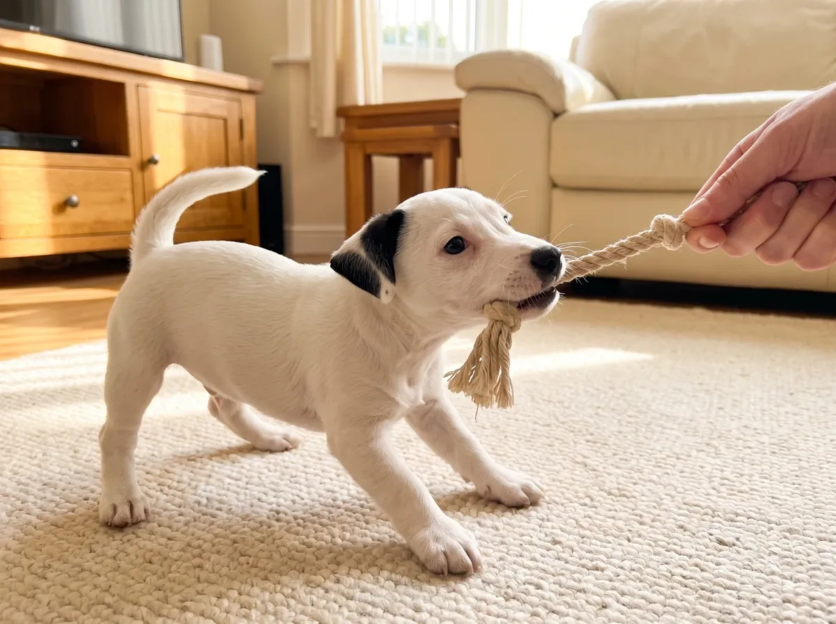 Jack Russell Terrier, a white puppy with black ears pulling on a rope toy on a cream rug