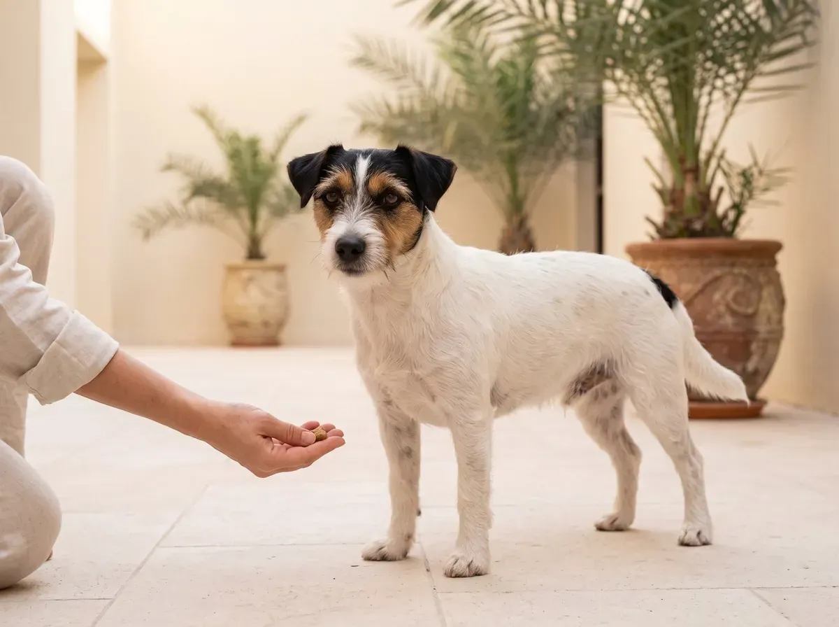 Jack Russell Terrier, a pet parent kneeling to meet a calm tricolour adult in a bright courtyard