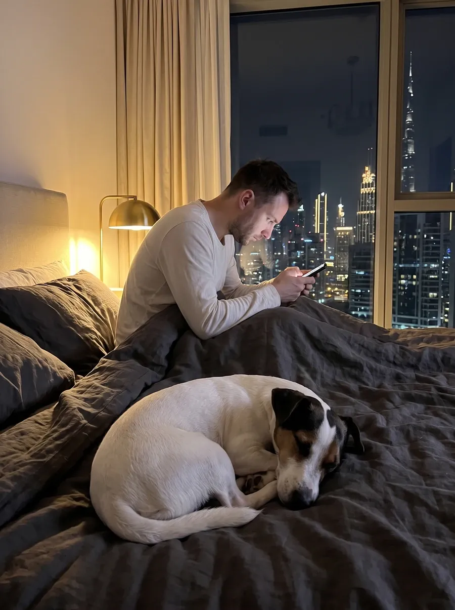 Jack Russell Terrier in Dubai, asleep on a dark duvet as a pet parent reads a phone at night, the skyline beyond