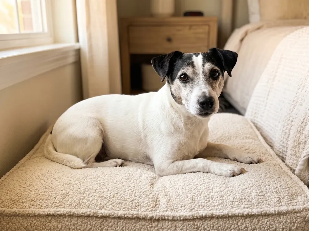 Jack Russell Terrier, an older tricolour dog resting on a cushioned bed