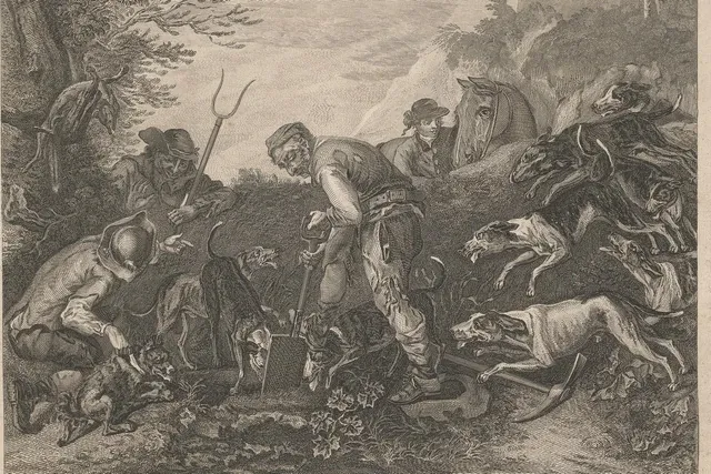 Jack Russell Terrier history, an engraving of hunters and terriers digging out a fox, by Canot, England, 1770