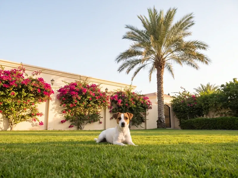 Jack Russell Terrier history, the breed today, lying on a Dubai villa lawn below bougainvillea and a date palm