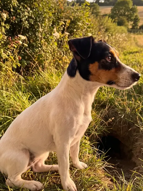 Jack Russell Terrier, a tricolour adult sitting by a fox's earth in a grassy hedgerow bank
