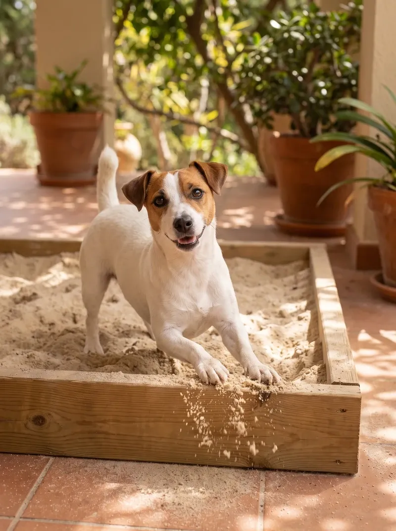 Jack Russell Terrier, a white and tan adult digging in a timber sandpit on a shaded terrace