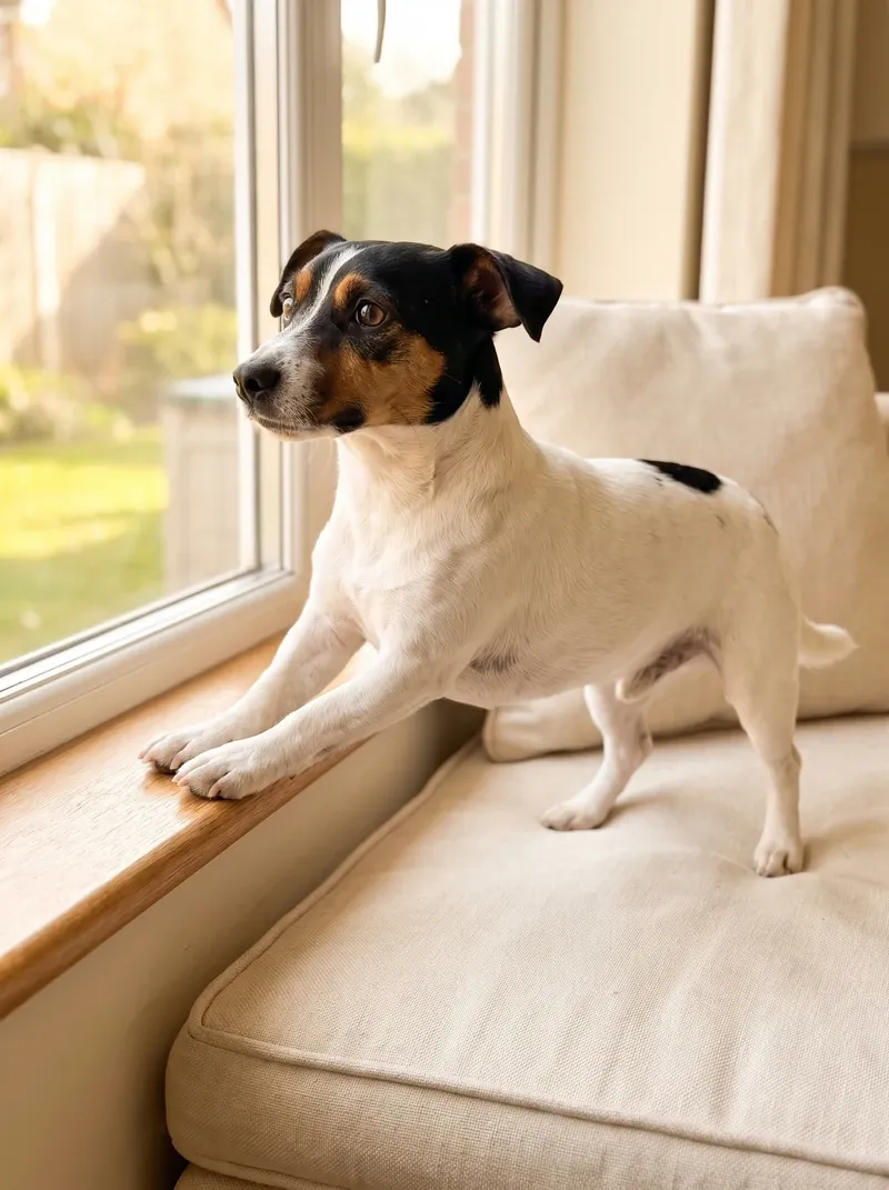 Jack Russell Terrier, a tricolour adult on a window seat, front paws on the sill, watching outside