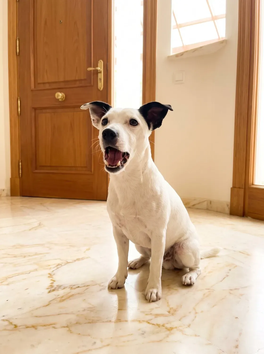 Jack Russell Terrier, a white adult with black ears sitting on a marble floor by the front door, barking