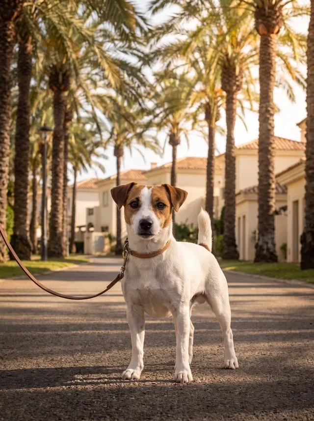 Jack Russell Terrier in Dubai, a white and tan adult on a lead on a palm-lined path between villas