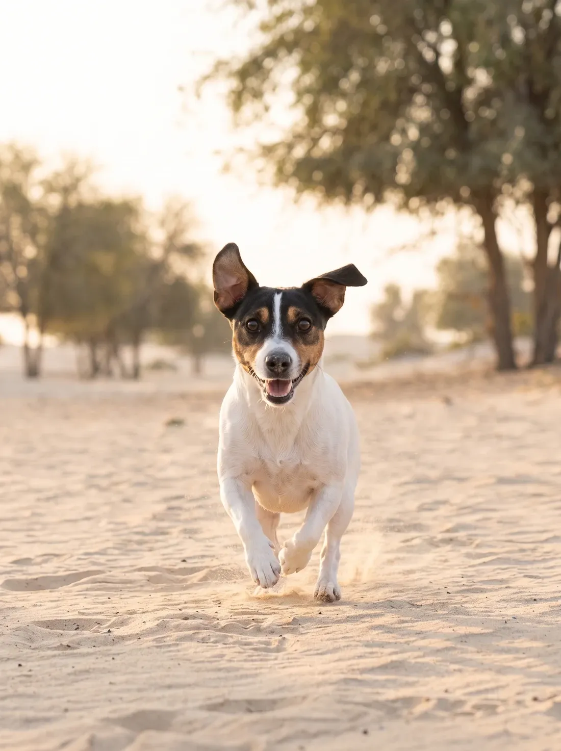 Jack Russell Terrier in Dubai, a tricolour adult running across pale desert sand at sunrise, ears flying