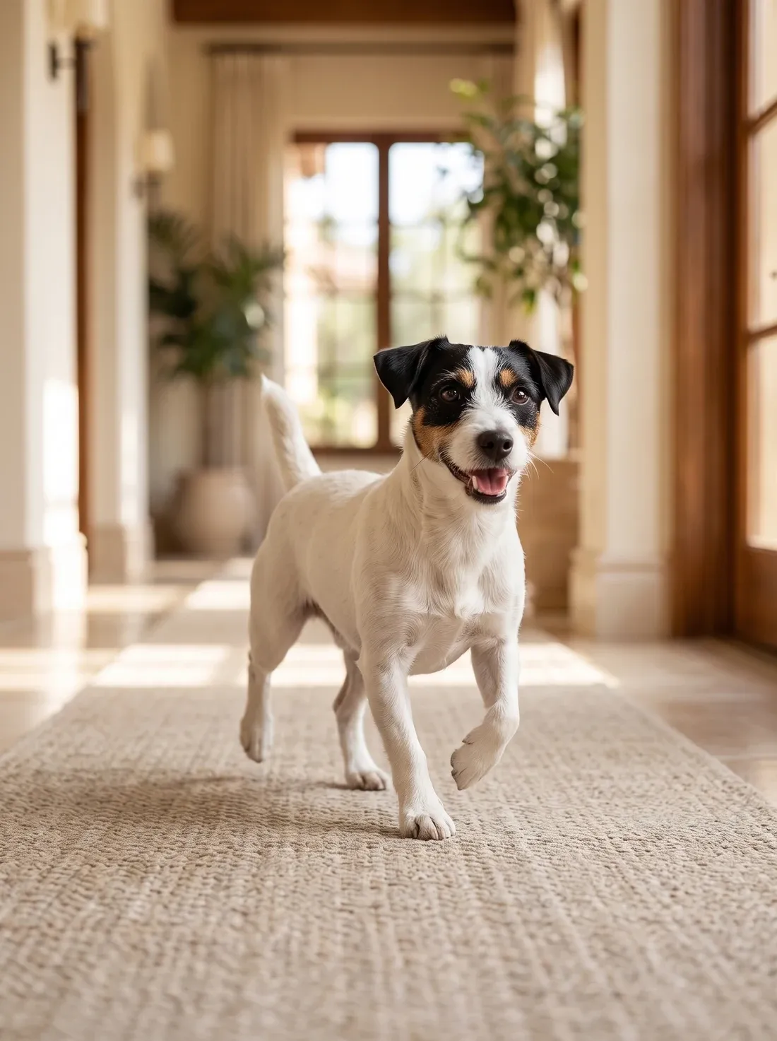 Jack Russell Terrier, a tricolour adult trotting along a hallway runner, one leg lifted mid-skip