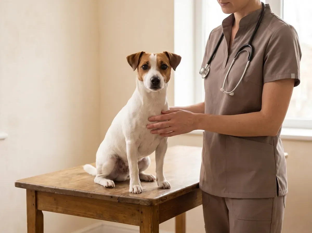 Jack Russell Terrier, a white and tan adult on a table, a vet in taupe scrubs with a hand resting on the dog