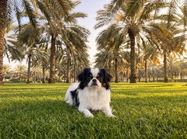 Japanese Chin in Dubai, a black and white adult with tan points lying on a park lawn under date palms at sunrise