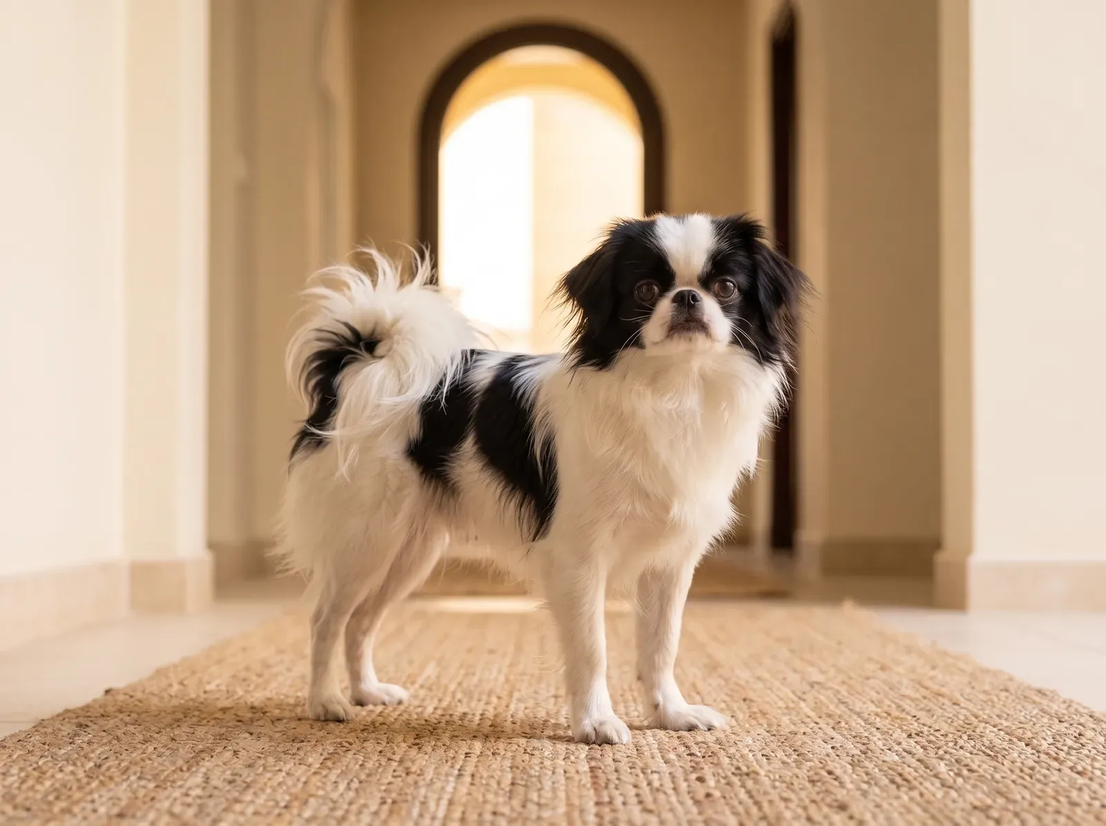 Japanese Chin, a black and white adult standing on a jute rug in a cool corridor, plumed tail over the back