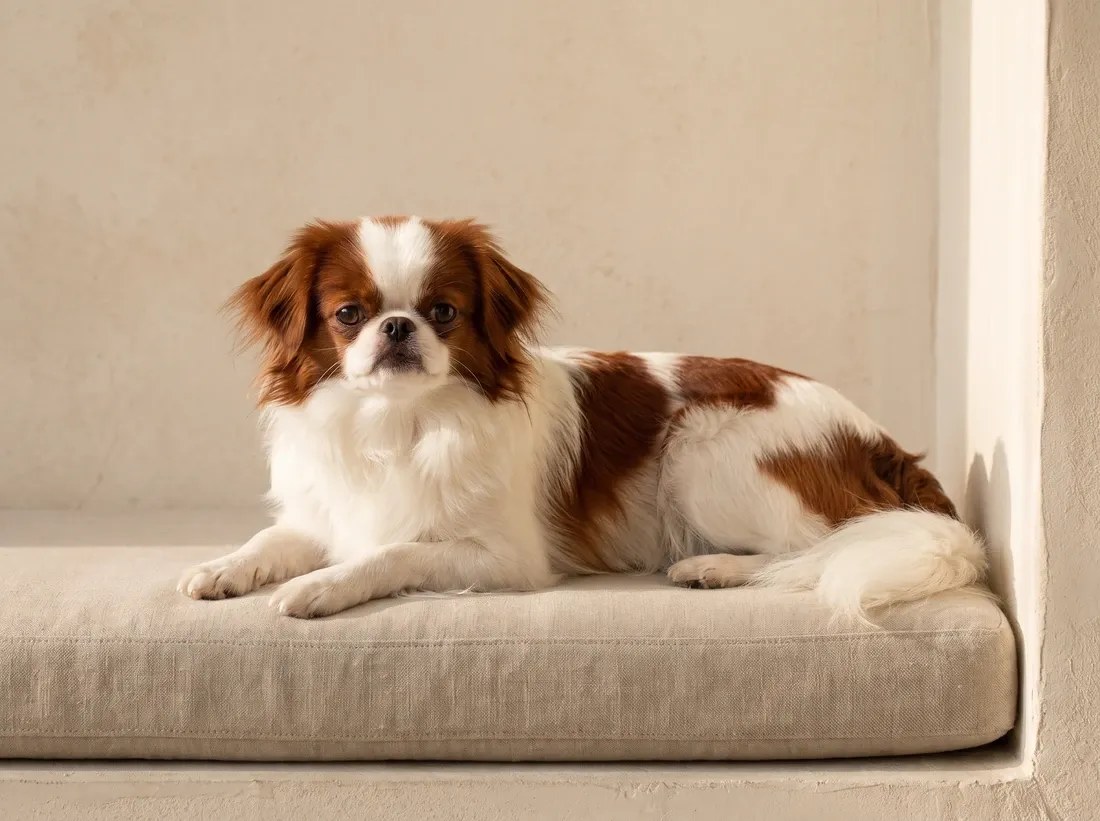 Japanese Chin, a red and white adult lying on a linen cushion on a villa window seat