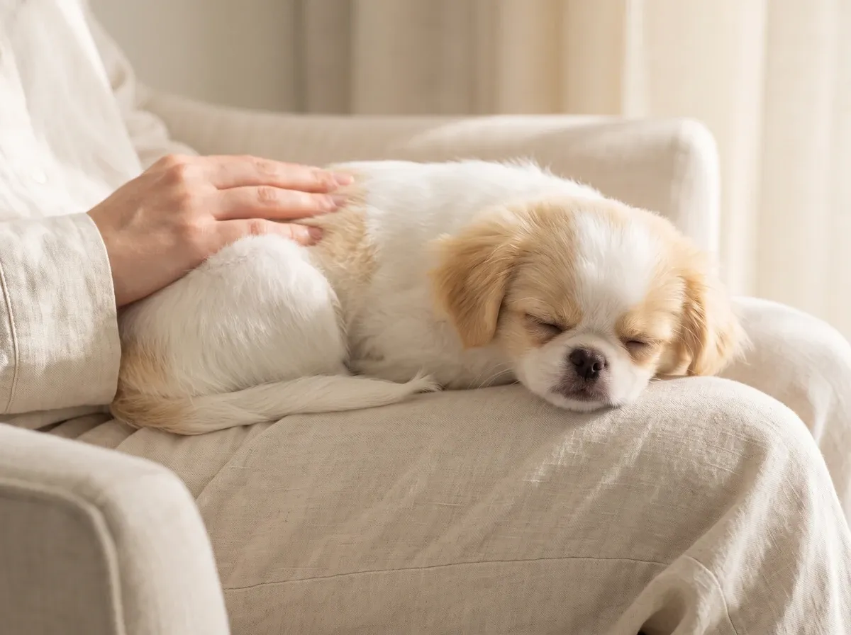 Japanese Chin, a lemon and white puppy asleep under a pet parent's hand in a linen armchair