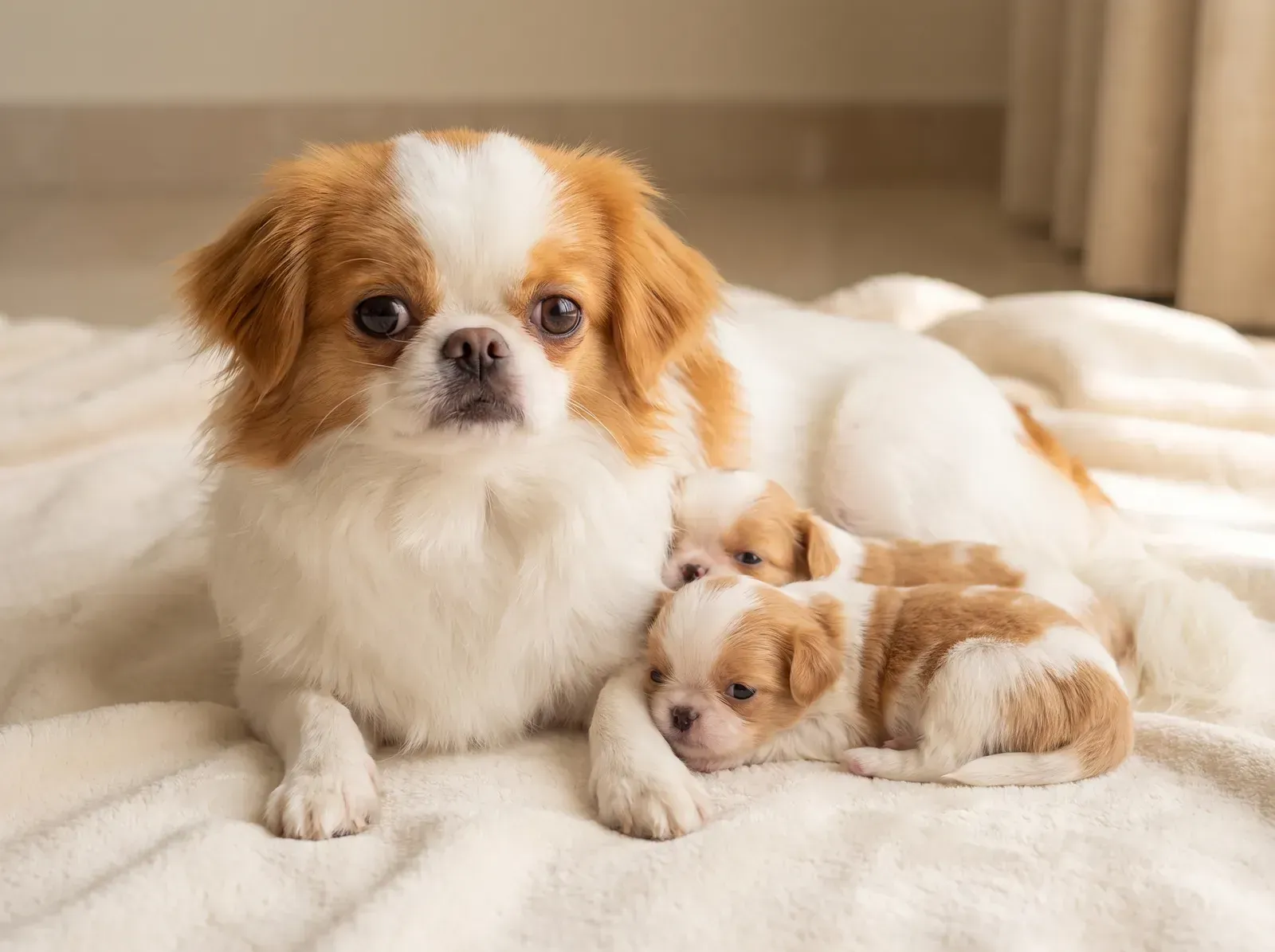 Japanese Chin, an orange and white mother lying on a cream blanket with two puppies