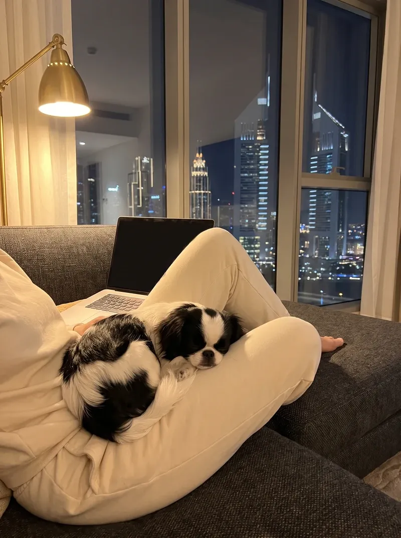 Japanese Chin in Dubai, asleep at night in the lap of a pet parent working on a laptop, the skyline beyond