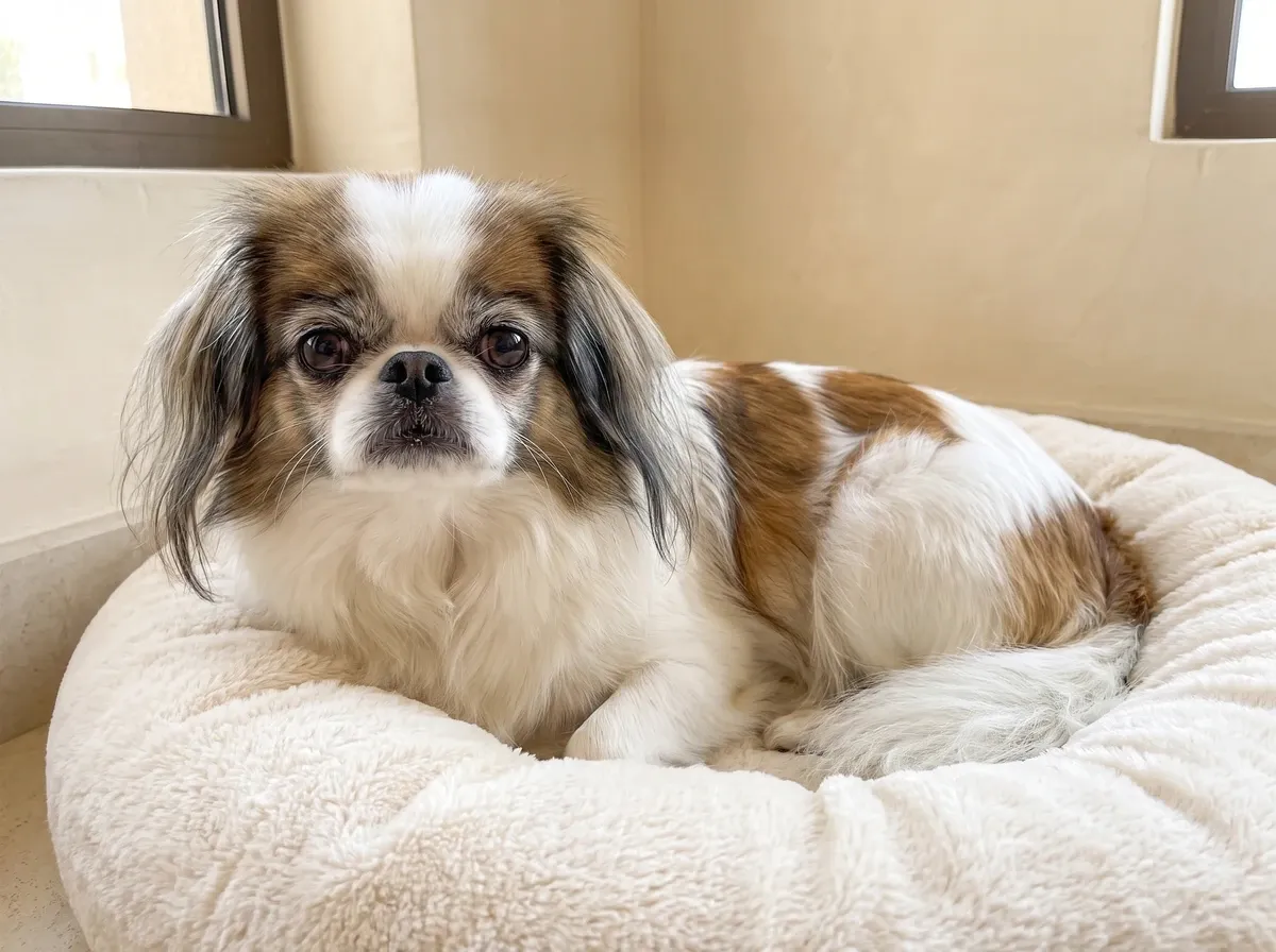 Japanese Chin, an older sable and white adult with a greying face resting on a round bed