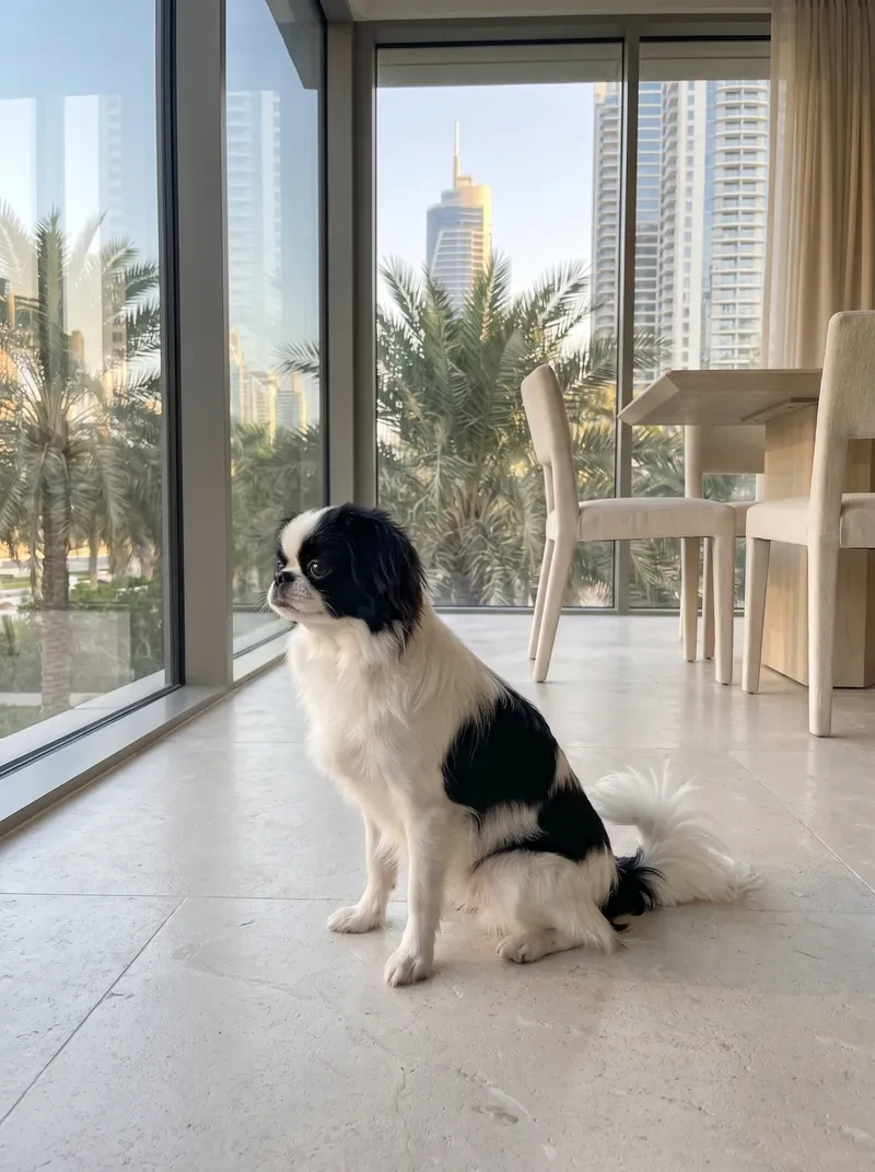 Japanese Chin in Dubai, sitting by glass doors onto palms and towers