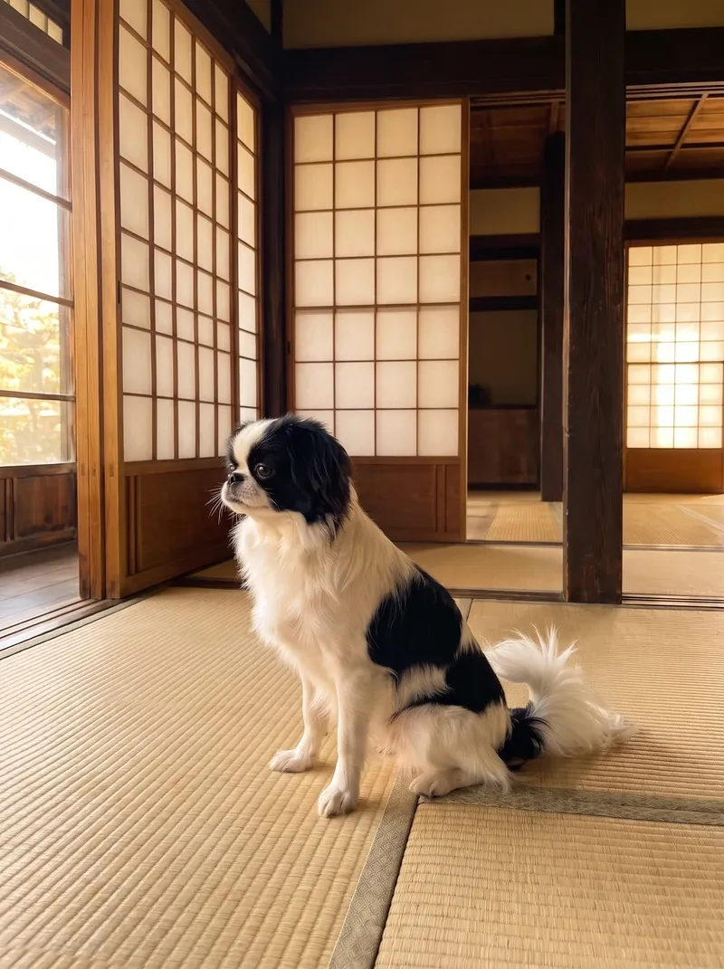 Japanese Chin, sitting on tatami in a room with paper screen doors