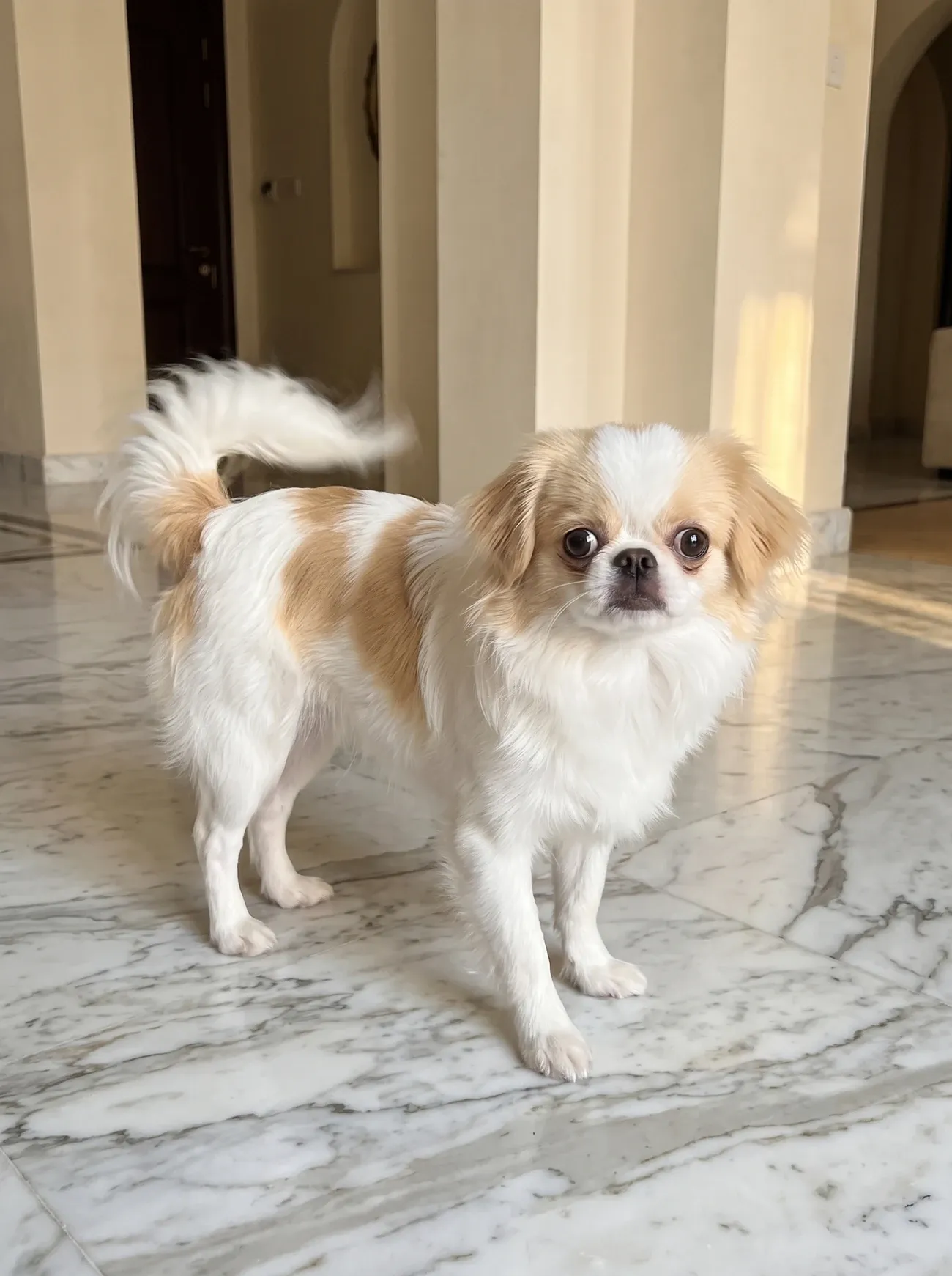 Japanese Chin, a lemon and white adult swishing its plumed tail in a cream villa entrance hall